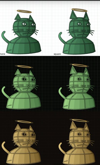 3D model turnaround views of a green cat-shaped figure with a halo, shown in 'honk' and 'square' variants across different color backgrounds.