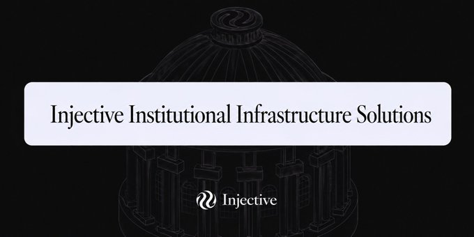 The image features a dark background with a faint architectural illustration of a classical domed building, overlaid with the headline "Injective Institutional Infrastructure Solutions" and the Injective logo at the bottom. It visually reinforces the post's message by pairing institutional infrastructure branding with the text highlighting how Injective ($INJ) enables enterprises to scale from pilot to production with compliant, permissioned financial tools.