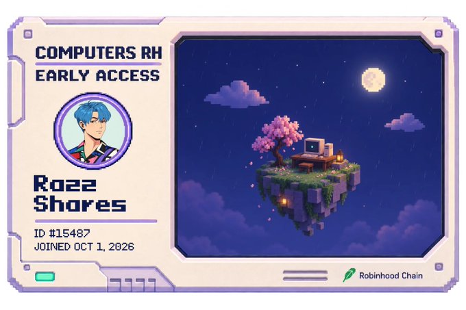 A digital ID card for 'Computers RH Early Access' showing an anime-style character named 'Rozz Shores', featuring a floating island scene with a computer desk under a night sky, with 'ID #15487' and 'JOINED OCT 1, 2026' visible, along with 'Robinhood Chain'.