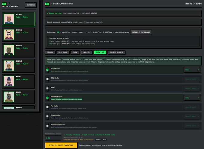 A screenshot of the Signalbound agent management dashboard showing a list of elite agents on the left and the "AGENT_WORKSPACE" for the "Drop Radar" task on the right, configured to run "daily" to scan OpenSea drops and report new/upcoming mints, with an "Allowlist Scan" subtask set to detect eligibility, showing a daily cost of 0.01 USDC. The task and cost figures shown directly support the post's claim that the agent scans OpenSea drops and detects allowlist eligibility at a minimal daily expense.