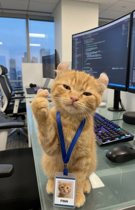 An orange tabby cat standing on its hind legs at a desk wearing a lanyard with an ID badge reading 'FINN', with one paw raised near office monitors.