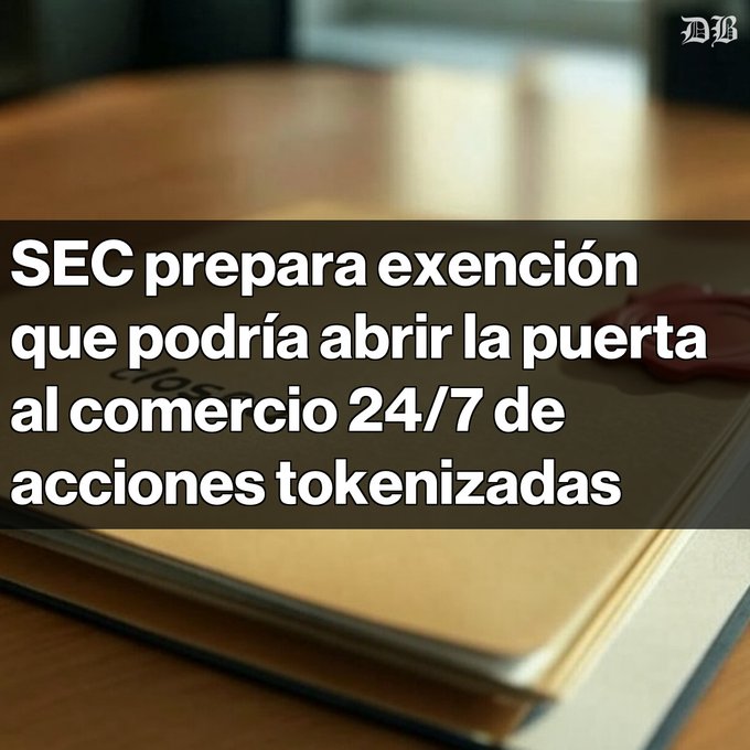 The image shows a stack of documents with a wax seal on a wooden desk, overlaid with Spanish text reading "SEC prepara exención que podría abrir la puerta al comercio 24/7 de acciones tokenizadas" (SEC prepares exemption that could open the door to 24/7 trading of tokenized stocks), with a "DB" logo in the corner. The image visually reinforces the post's message about the SEC's potential regulatory exemption that would enable continuous 24/7 trading of blockchain-based tokenized stocks under a new regulatory framework.