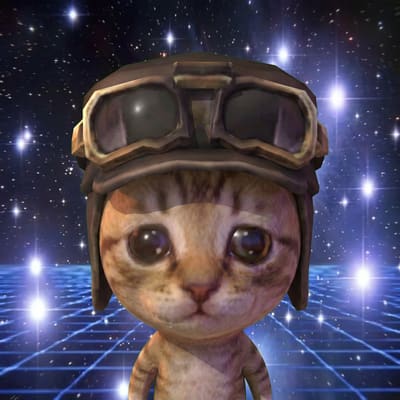 A digital illustration of a stylized orange cat with large, expressive eyes wearing a brown aviator cap and goggles, set against a cosmic starfield and a blue neon grid floor.