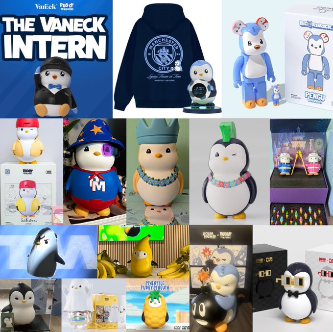 A collage showcases a variety of Pudgy Penguins ($PENGU) collectibles and merchandise, including figurines like "The VanEck Intern" and a Manchester City x Pudgy Penguins hoodie, alongside other themed toys and branded apparel.

The image illustrates the "$PENGU" community's enthusiasm for collectibles, providing direct visual inspiration for the kind of dream merchandise items fans would love to own.