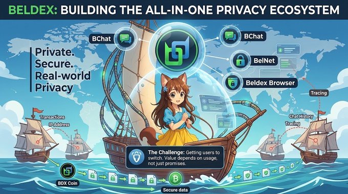 Promotional graphic titled 'BELDEX: BUILDING THE ALL-IN-ONE PRIVACY ECOSYSTEM' showing an anime-style character on a ship with various privacy-focused services including BChat, BelNet, and Beldex Browser, noting the challenge of getting users to switch.