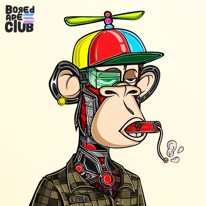 Bored Ape Club NFT artwork featuring a cyberpunk-style ape with a propeller beanie, green visor, and a lit cigarette in its mouth.
