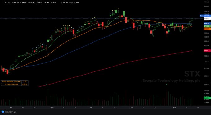 A candlestick chart of STX (Seagate Technology Holdings plc) shows the stock's price action from April to August, trading around $972.20 with multiple moving averages (MA 20, MA 50, MA 100, MA 200) displayed and a +5.68% change noted. The post suggests that STX and HPE (Hewlett Packard Enterprise) share similar price patterns, implying they may move in tandem — likely referring to the correlated uptrend visible in this chart's recent consolidation near the $970 level.