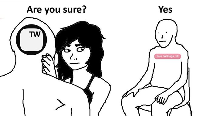 A Wojak-style meme shows a faceless figure with a "TW" (Token Works) badge whispering "Are you sure?" to a concerned woman, while a stoic man on the right confidently replies "Yes" with a "Your Backings 10" notification on his chest—illustrating the poster's experience backing 10 NFTs on the Token Works platform with 0.5 ETH, having committed funds with little control over the outcome.