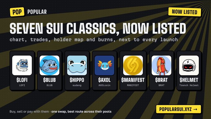 A promotional graphic titled "SEVEN SUI CLASSICS, NOW LISTED" displaying icons and tickers for $LOFI, $BLUB, $HIPPO, $AXOL, $MANIFEST, $BRAT, and $HELMET, directing viewers to POPULARSUI.XYZ.