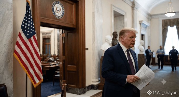 Photograph of Donald Trump in a dark suit holding a document, walking through a hallway with an American flag and a doorway bearing the United States Senate seal.