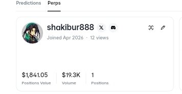 A profile screen for user 'shakibur888' on a 'Perps' trading platform, showing they joined Apr 2026 with 12 views, $1,841.05 positions value, $19.3K volume, and 1 position.