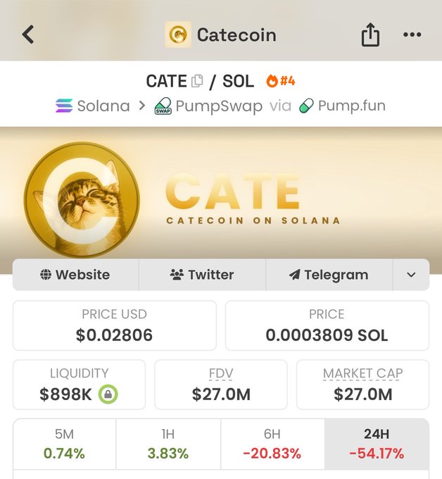 The image displays a cryptocurrency tracking page for CATE (Catecoin) on the Solana blockchain, showing its current price at $0.02806 (0.0003809 SOL), with a market cap of $27.0M and notable 24-hour performance metrics including a -54.17% drop and +3.83% 1-hour gain. The post's enthusiastic "to the moon" sentiment contrasts sharply with the screenshot's stark red 24-hour decline figure, suggesting the image was shared as evidence of the coin's recent downturn despite the poster's bullish community-driven support message.