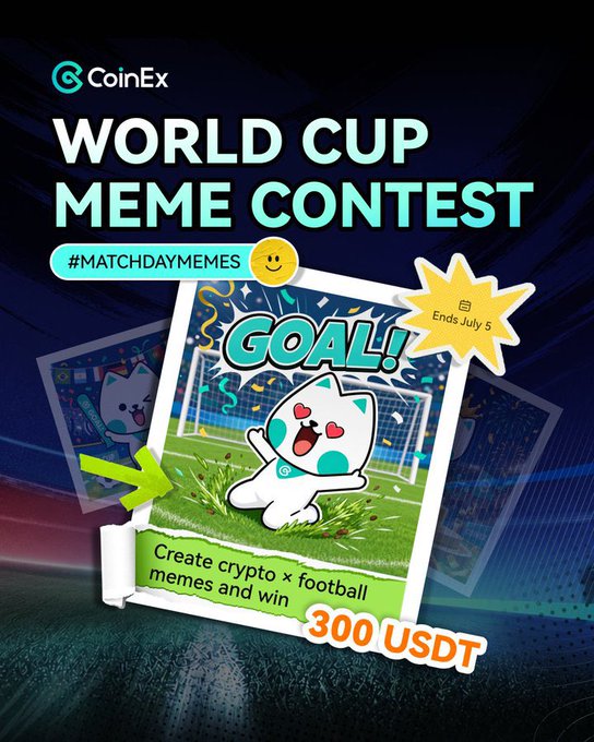 The image features a poster for a World Cup meme contest, with a cartoon cat as the main subject. The poster includes text that reads "World Cup Meme Contest" and "MatchdayMemes", indicating the theme of the challenge. There is also an image of a cat on the poster, which adds to the overall humor and fun atmosphere of the event. The post encourages people to create their own crypto x memes related to football or soccer, with the goal of winning a prize of 300 USDT.