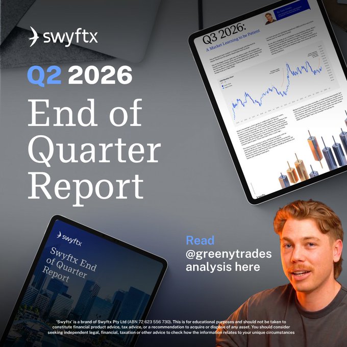 A promotional graphic for the Swyftx Q2 2026 End of Quarter Report, featuring a tablet displaying the "Q3 2026: A Market Learning to be Patient" report and a man identified as @greenytrades, linking the image to the post's mention of his analysis on bear market patterns.