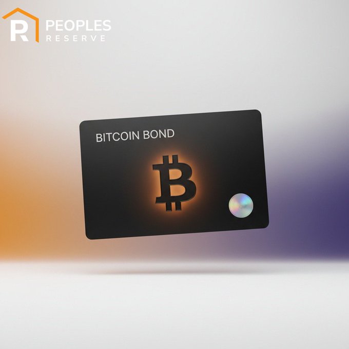 A black credit card-style design labeled "BITCOIN BOND" featuring a large orange Bitcoin (₿) symbol in the center, branded with the "PEOPLES RESERVE" logo in the top-left corner.