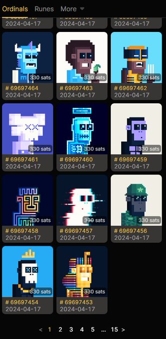 A website interface showing a grid of Bitcoin Ordinals/Runes pixel art character listings, each priced at 330 sats and dated 2024-04-17, with numeric identifiers like #69697464 and pagination at the bottom.