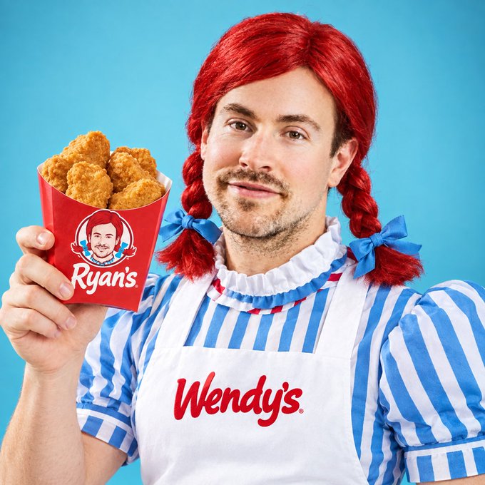 A man dressed as the Wendy's mascot (red pigtails, blue-striped dress) holds a red Wendy's chicken nugget container labeled "Ryan's" with a face swap of the Wendy's logo onto his own face. The image cleverly reframes the "Wendy's Girl" meme as a play on the GameStop ($GME) shareholder Ryan Cohen, signaling meme-stock nostalgia rallying behind him.