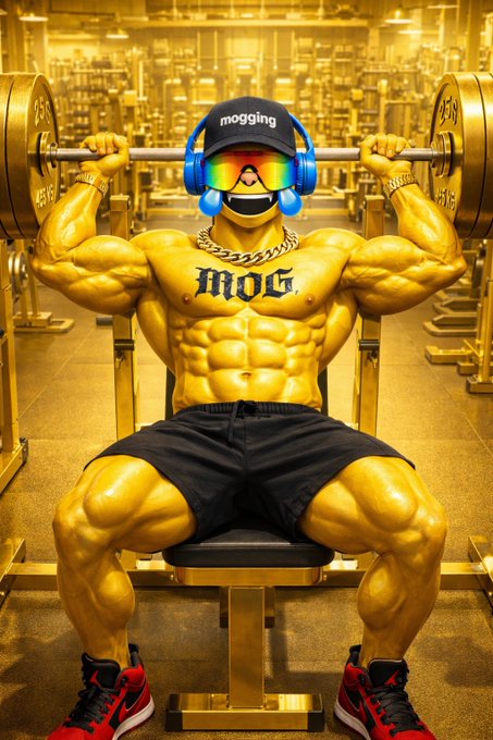 A muscular golden figure flexes a heavy barbell while wearing a "mogging" cap and a chest tattoo reading "MOG," visually embodying the post's hype that the $MOG token is primed for an explosive breakout.