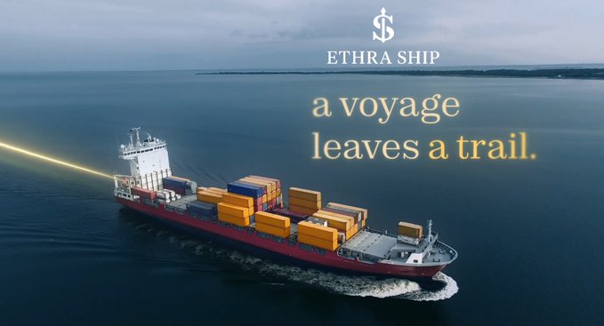 An aerial view of a red cargo ship sailing on the ocean, with text reading 'ETHRA SHIP a voyage leaves a trail.'