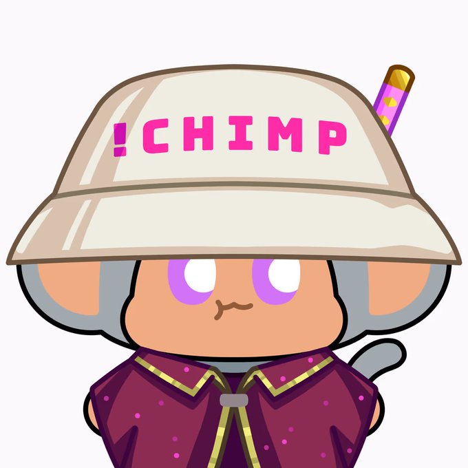 A cartoon character with purple eyes wearing a beige hat labeled '!CHIMP' in pink text, holding a purple object, with a pencil tucked behind the hat.