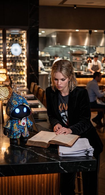 A woman with blonde hair stands at a dark marble counter reviewing documents, accompanied by a small black robot character wearing a colorful patterned hoodie in what appears to be a high-end restaurant.