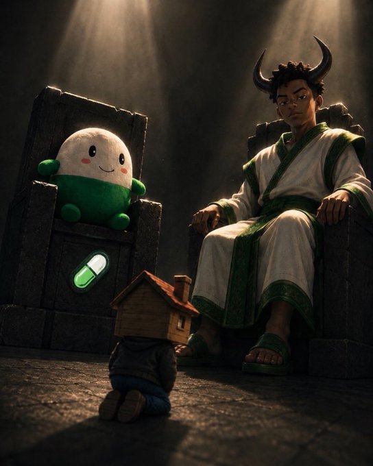 A digitally created scene features a horned character in white and green robes sitting on a throne, accompanied by a small smiling plush toy with a glowing pill emblem on an adjacent throne, and a small kneeling figure in the foreground.