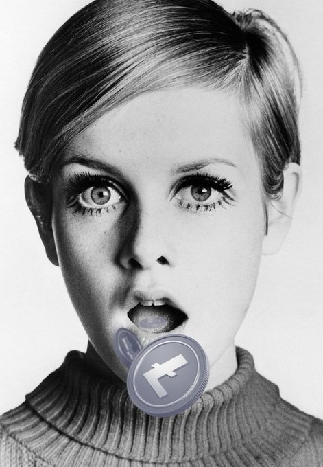 A black-and-white portrait of a young woman with wide eyes and short blonde hair, her mouth open as a cryptocurrency coin appears to emerge from it.