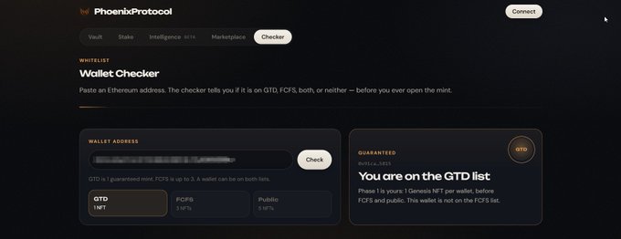 A screenshot of the PhoenixProtocol website showing the 'Wallet Checker' tool, where a blurred Ethereum address has been checked, with results showing 'You are on the GTD list' and wallet classified as GTD (1 NFT) with 3 NFTs total and 0 NFTs public.