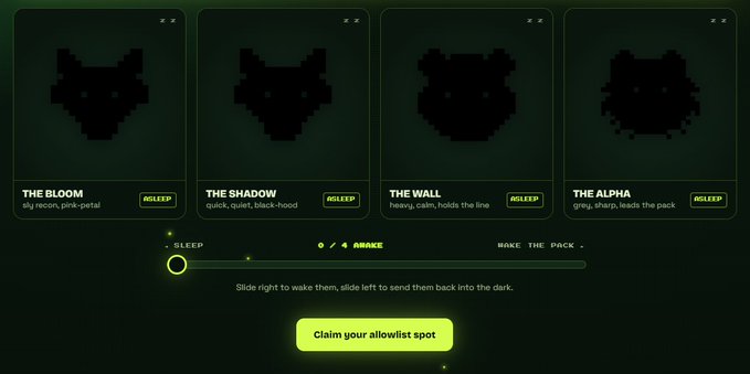 The image displays a digital interface featuring four pixelated cat silhouettes labeled "THE BLOOM," "THE SHADOW," "THE WALL," and "THE ALPHA," each marked "ASLEEP" with a slider prompting users to "wake the pack" by sliding right or left, and a yellow "Claim your allowlist spot" button. This directly corresponds to the post's call-to-action encouraging followers to wake the Hood Gang cats and claim an allowlist spot via hoodganghq.xyz by completing social tasks.