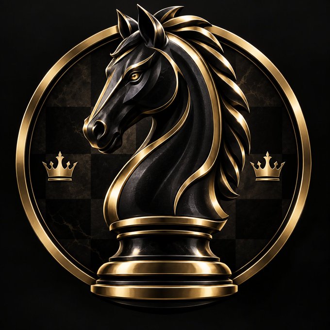 A luxurious black and gold chess knight emblem, surrounded by a circular frame with crowns and a checkered background, evokes power and wealth—mirroring the post's bold claim of dropping a million into the meme token $catwiffeather.