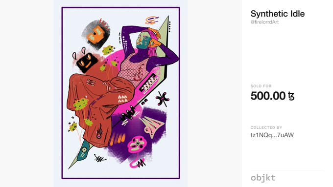 An NFT listing titled 'Synthetic Idle' by @firelordArt on objkt, sold for 500.00 tz collected by tz1NQw...7uAW, featuring a colorful abstract illustration.