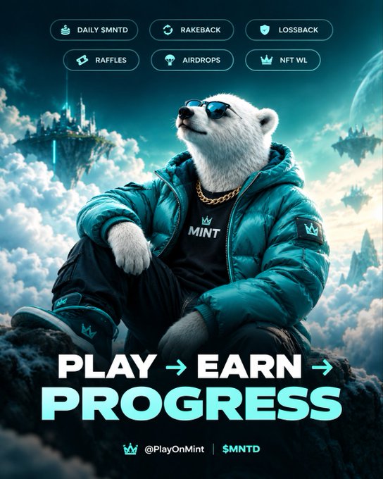 Promotional graphic featuring a polar bear wearing sunglasses, a gold chain, and a teal puffer jacket with 'MINT' on the shirt, surrounded by feature icons like 'DAILY $MNTD', 'RAFFLES', and 'AIRDROPS', with the text 'PLAY → EARN → PROGRESS' and '@PlayOnMint $MNTDNT'.