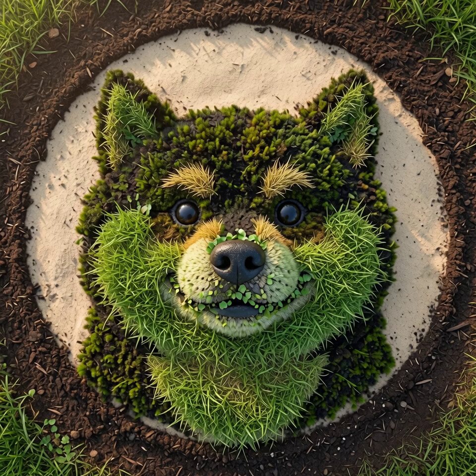 The image features a dog made out of grass, with its head positioned at the center of the frame. The dog appears to be smiling, giving off an impression of happiness or amusement. The background consists of dirt and sand, providing a contrasting texture for the grassy dog. The caption above the image reads "IF YOU TOUCH GRASS TOO LONG YOU BECOME THE GRASS FR!!! Patiently waiting but AGGRESSIVELY GROWINGGGG #RetireWithManyu #GrassToGains #ManyuTakeover #RETIEREWITHMANYU". This message seems to be a playful commentary on the idea of patience and the passage of time, as well as an appreciation for the simple beauty found in everyday objects.