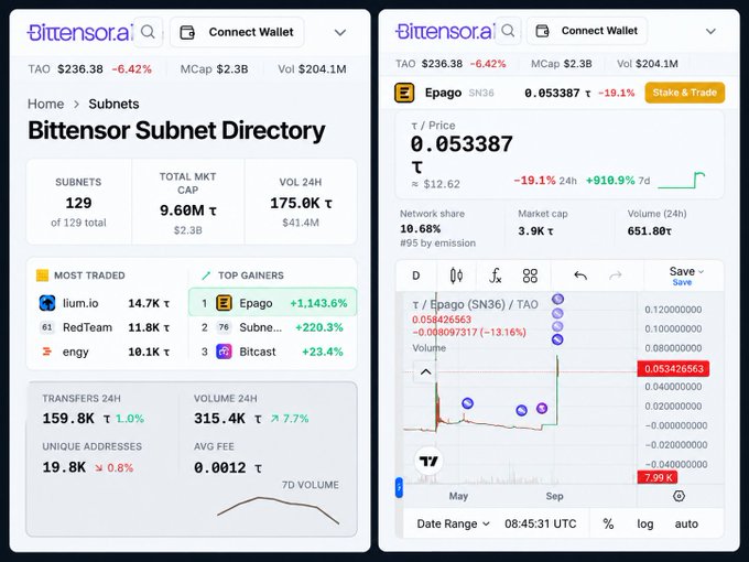 Two side-by-side screenshots from the Bittensor (TAO) subnet directory showing market statistics on the left and a price chart for subnet "Epago" (SN36) showing a recent price spike on the right.