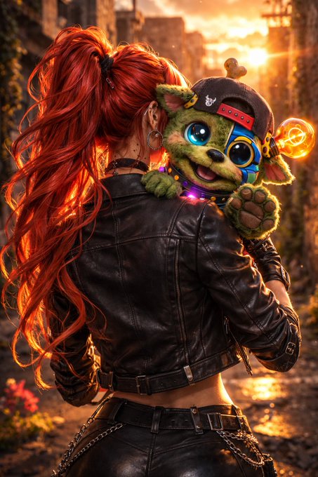Digital artwork showing a woman with long red hair in a black leather jacket, holding a green creature wearing a hat with a glowing antenna, set against a sunset cityscape.