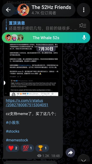 A Telegram channel screenshot from "The 52Hz Friends" (4.7K subscribers) displaying a pinned message about meme stocks, featuring a "7月30日" (July 30) dated post referencing the ticker "CZ 🪙 BNB" alongside hashtags #小股东, #stocks, and #memestock, which aligns with the post about CZ meme coin purchases and the 0x276c86cea6c0e200ca13211cf2db0434cc0d7777 wallet address.