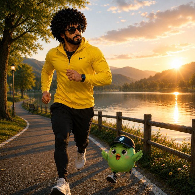 A man with curly hair and sunglasses jogging along a lakeside path at sunset wearing a yellow Nike hoodie, accompanied by a small green cartoon mascot character wearing a cap.