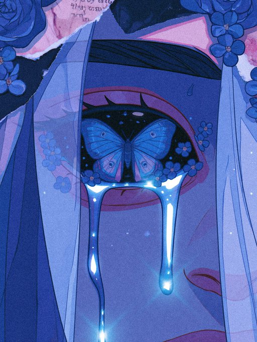 An anime-style digital illustration shows a close-up of a face with long blue hair and blue flowers, featuring a glowing blue butterfly over the eye area with tears dripping down.