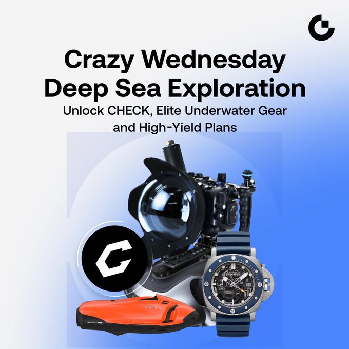 A promotional graphic featuring underwater camera equipment, a SEABOB F5 SR underwater scooter, and a luxury watch alongside a "G" logo, with the text "Crazy Wednesday Deep Sea Exploration - Unlock CHECK, Elite Underwater Gear and High-Yield Plans." The image visually reinforces the post's theme of a deep-sea-themed giveaway featuring underwater gear prizes and mystery box rewards.