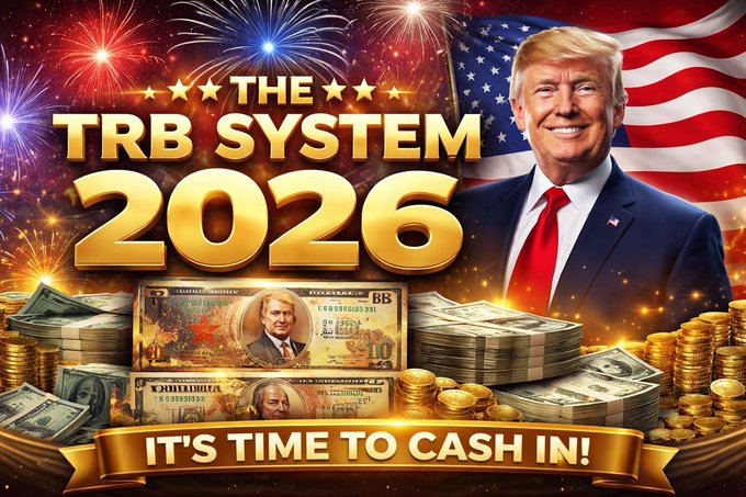 A promotional graphic featuring Donald Trump and money with the text 'THE TRB SYSTEM 2026' and 'IT'S TIME TO CASH IN!'.