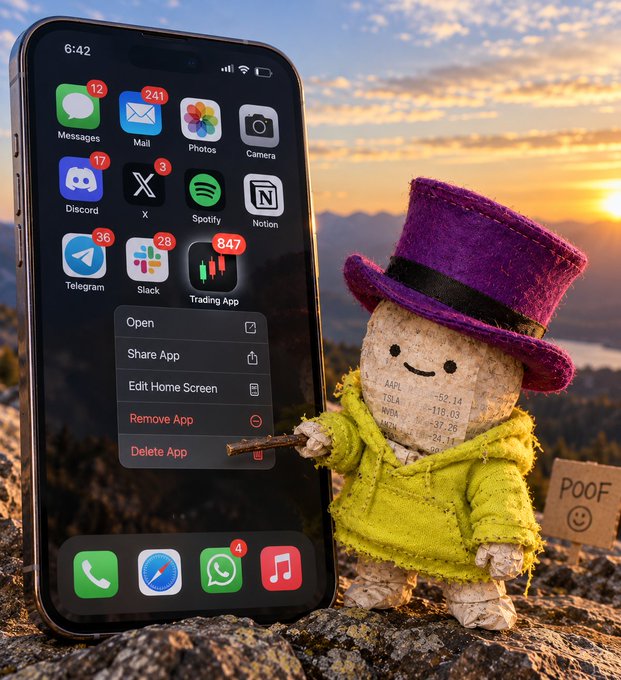 A surreal digital composition featuring a smartphone displaying app icons with notification badges and a context menu showing 'Open, Share App, Edit Home Screen, Remove App, Delete App', next to a small figure with a champagne cork body wearing a purple top hat and yellow coat, labeled "POOF".