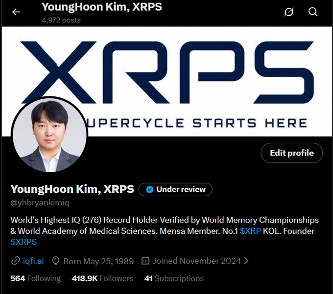 The image features a Twitter account with a post about XRP, which has been edited by a user named "YoungHoon Kim". The post includes a photo of the creator's face along with a caption that reads "I just changed my name on X! XRP Supercycle XRPS". This indicates that the creator decided to change their name and possibly update their profile information.