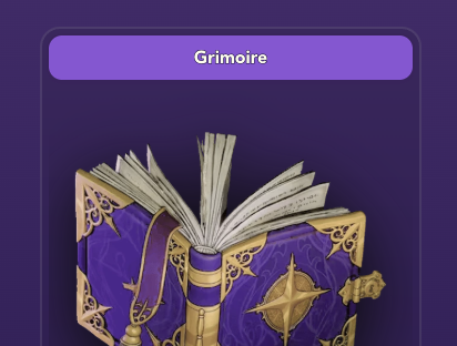 A digital illustration of an ornate purple and gold grimoire (spellbook) titled "Grimoire" at the top, displayed against a dark purple background. The image showcases the book the user chose to mint from Everdraw RPG, highlighting their selection of the grimoire, which they describe as the "main alpha" of the NFT collection.