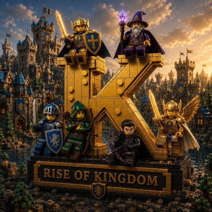A promotional image for "RISE OF KINGDOM" featuring LEGO-style minifigure characters including a knight, wizard, archer, and angel posed around a golden "K" against a castle backdrop.