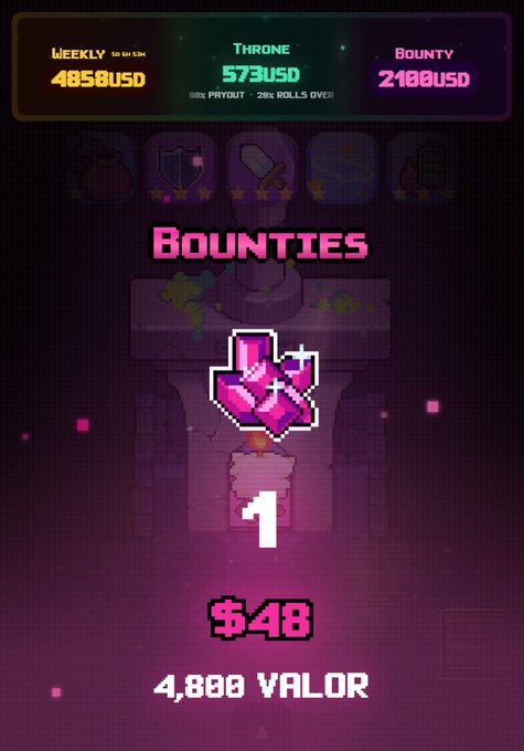 A mobile game rewards screen displaying 'BOUNTIES' with a pink crystal icon, '1' quantity, '$48' prize, and '4,800 VALOR', with top tabs showing Weekly ($4858 USD), Throne ($573 USD), and Bounty ($2108 USD).
