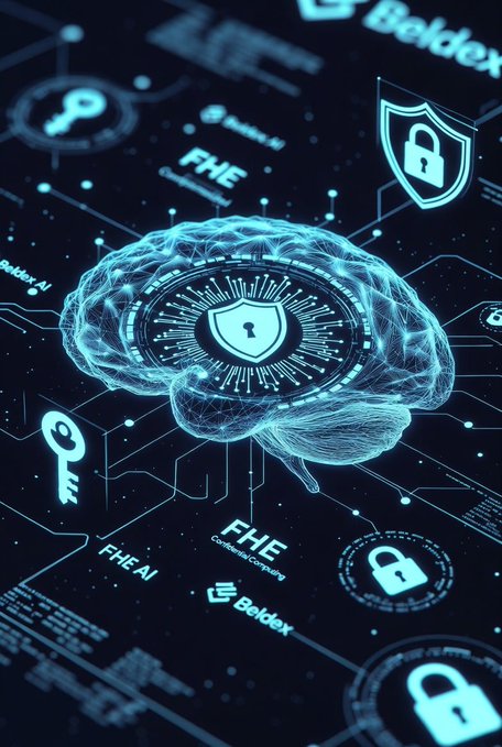 A digital artwork depicting a glowing wireframe brain with a security shield and lock icon in the center, surrounded by labels for 'FHE', 'Beldex', and 'Confidential Computing' on a circuit board background.