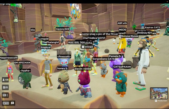 Screenshot from a 3D multiplayer game showing various colorful avatars with usernames including 'meowy222', 'Momma Muser', 'Happinesscat', 'SergioGans CATS', and 'CATSxPAXAN' in a canyon environment.