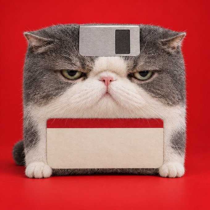 A grumpy-looking gray and white cat with a floppy disk attached to its forehead, sitting against a solid red background.