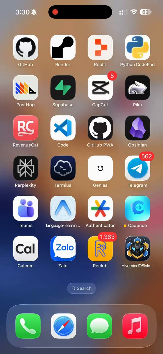The image shows a cell phone screen displaying various app icons including social media apps like Facebook, Instagram, Twitter, and others as well as other apps such as Google Maps, Zalo, and others. The phone's home screen also features an email app, which is natively part of the phone's operating system. The post about the native mobile app focuses on its features, such as seamless connection with your machines over your private network (Native), support for cloud, locally hosted, AND ON-DEVICE models (which means fully offline chatting running directly on your phone).