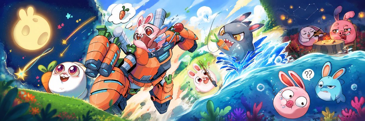 A colorful, vibrant illustration features various cartoon rabbits and creatures in different scenarios, including a rabbit in orange mecha armor, one with a fishing rod in a wave, and others around a campfire, set against a starry sky.